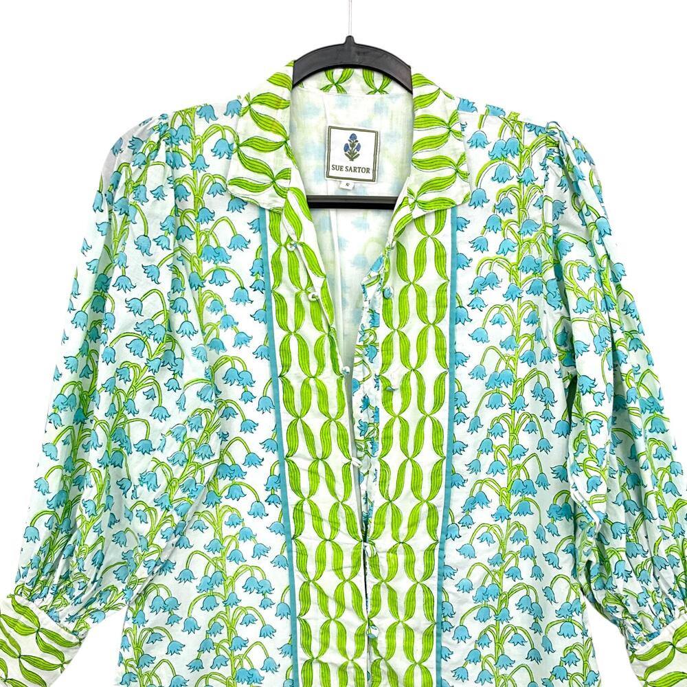 Sue Sartor Dress Womens S Blue Green Floral Cotton Long Sleeve Tunic *READ - Picture 2 of 16